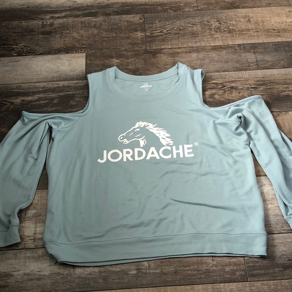 Jordache Dusty Blue Cold-Shoulder Logo Sweatshirt